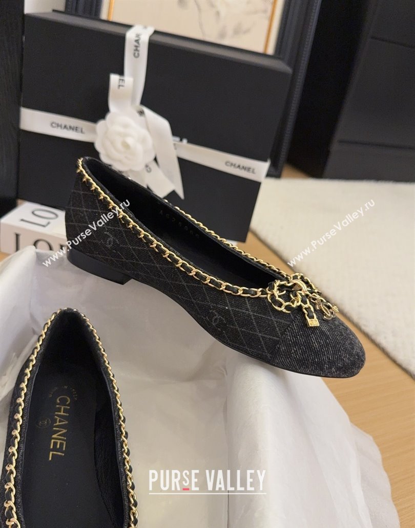 Chanel Quilted Denim Ballet Flats with Chain Bow Black 2025 CH041605 (MD-250416050)