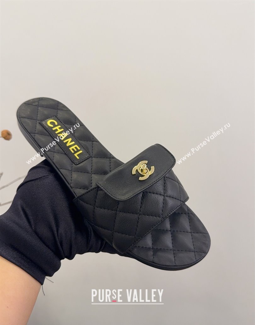 Chanel Lambskin Flat Slides Sandal with CC Foldover Black 2025 CH041606 (MD-250416052)