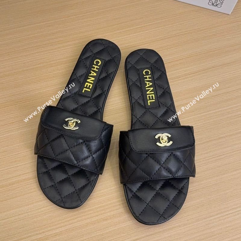 Chanel Lambskin Flat Slides Sandal with CC Foldover Black 2025 CH041606 (MD-250416052)