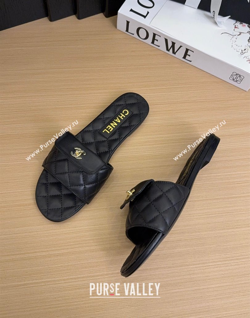 Chanel Lambskin Flat Slides Sandal with CC Foldover Black 2025 CH041606 (MD-250416052)