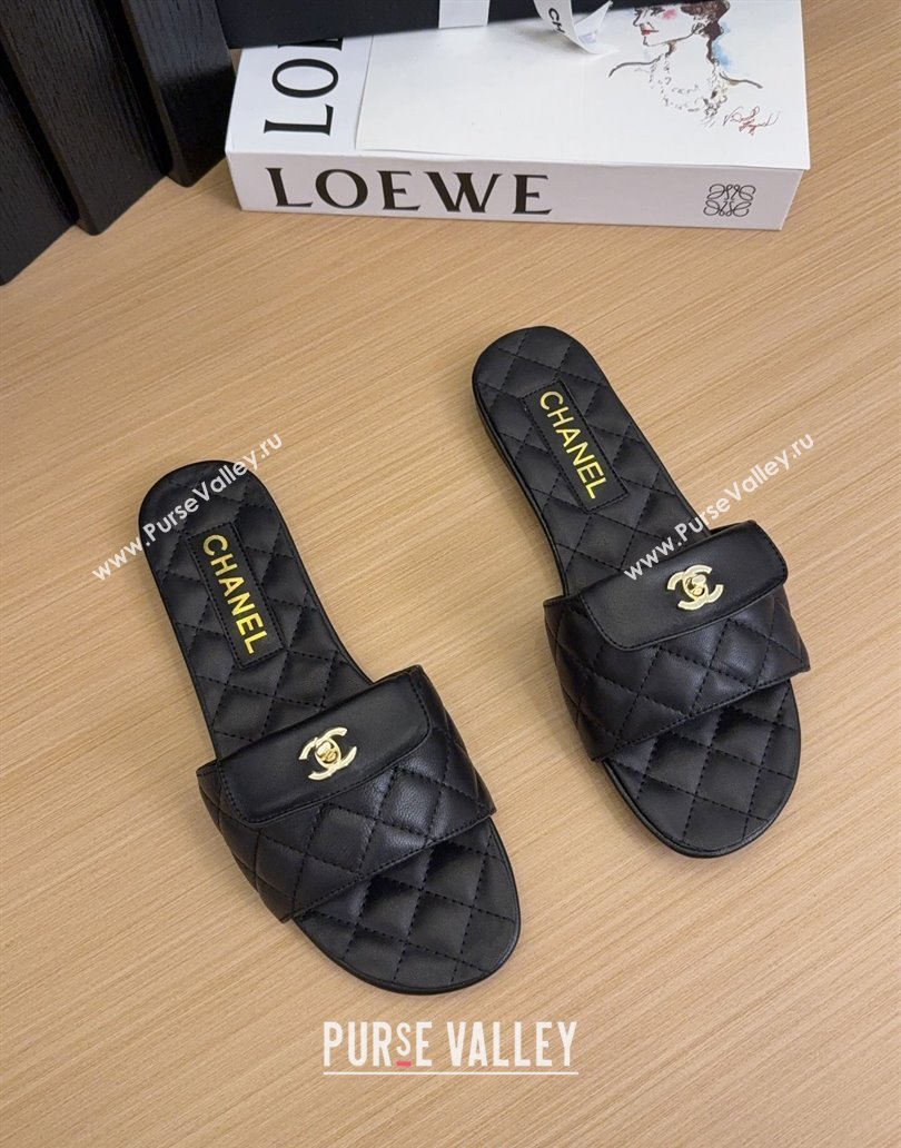 Chanel Lambskin Flat Slides Sandal with CC Foldover Black 2025 CH041606 (MD-250416052)