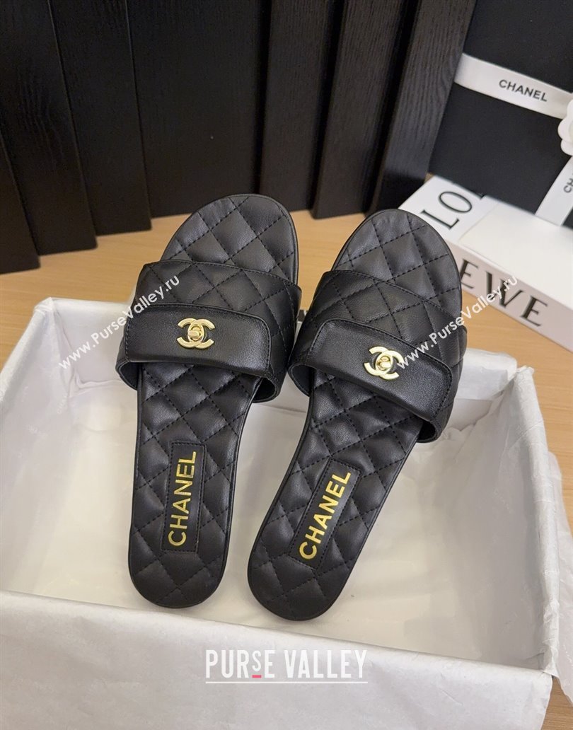 Chanel Lambskin Flat Slides Sandal with CC Foldover Black 2025 CH041606 (MD-250416052)