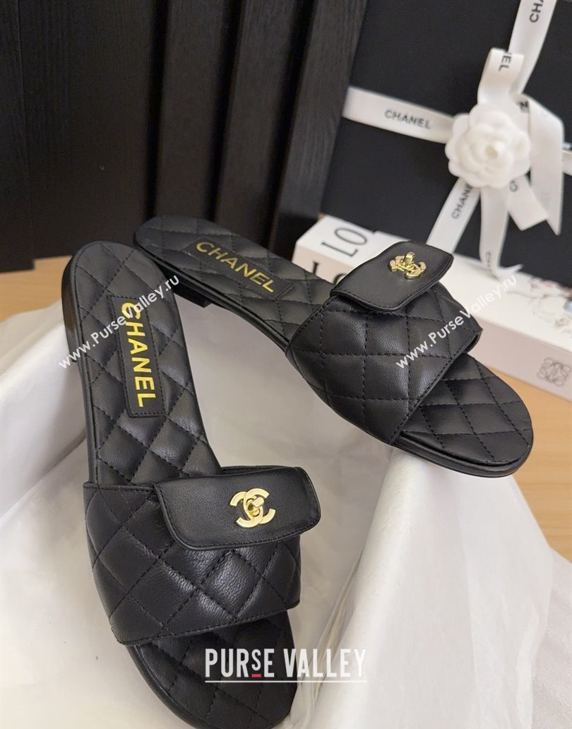Chanel Lambskin Flat Slides Sandal with CC Foldover Black 2025 CH041606 (MD-250416052)
