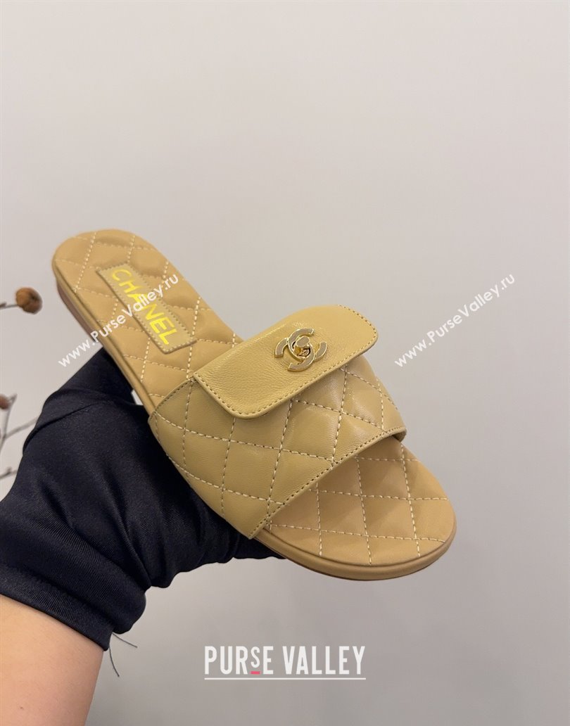 Chanel Lambskin Flat Slides Sandal with CC Foldover Beige 2025 CH041606 (MD-250416053)