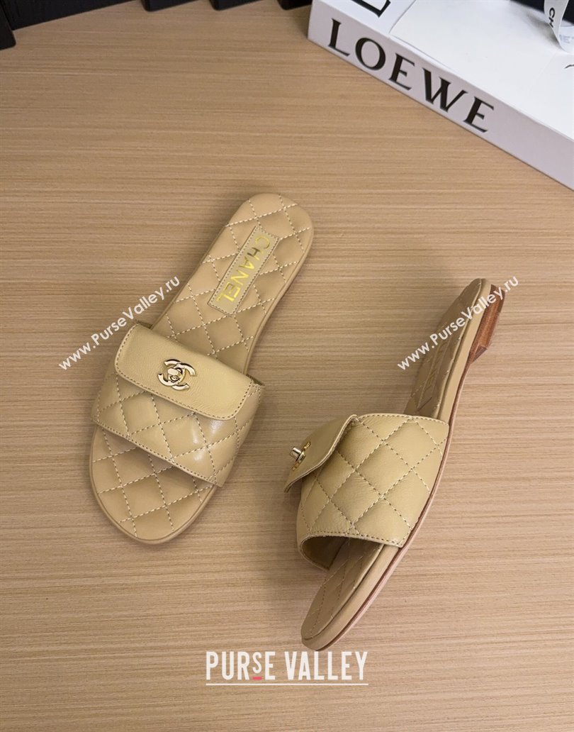 Chanel Lambskin Flat Slides Sandal with CC Foldover Beige 2025 CH041606 (MD-250416053)