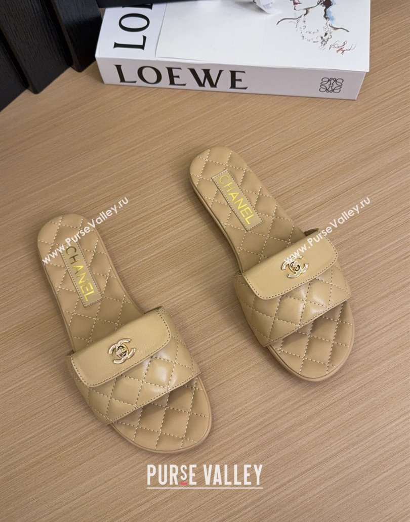 Chanel Lambskin Flat Slides Sandal with CC Foldover Beige 2025 CH041606 (MD-250416053)