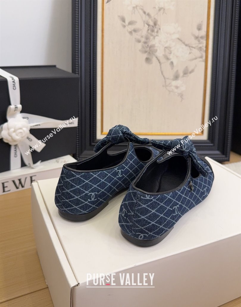 Chanel Quilted Denim Mary Janes Ballet Flats with Knot Bow Dark Blue 2025 G46149 (MD-250415002)