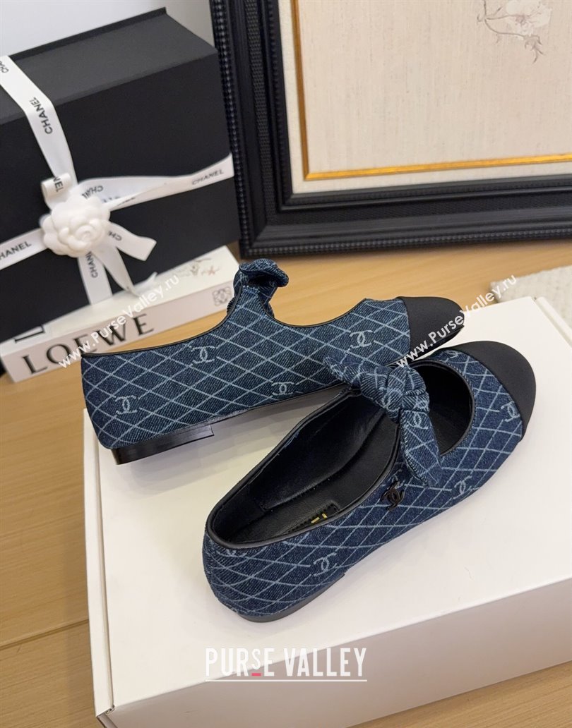 Chanel Quilted Denim Mary Janes Ballet Flats with Knot Bow Dark Blue 2025 G46149 (MD-250415002)