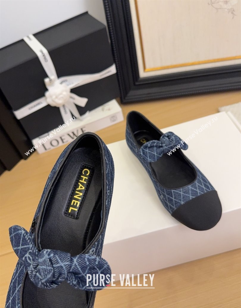 Chanel Quilted Denim Mary Janes Ballet Flats with Knot Bow Dark Blue 2025 G46149 (MD-250415002)