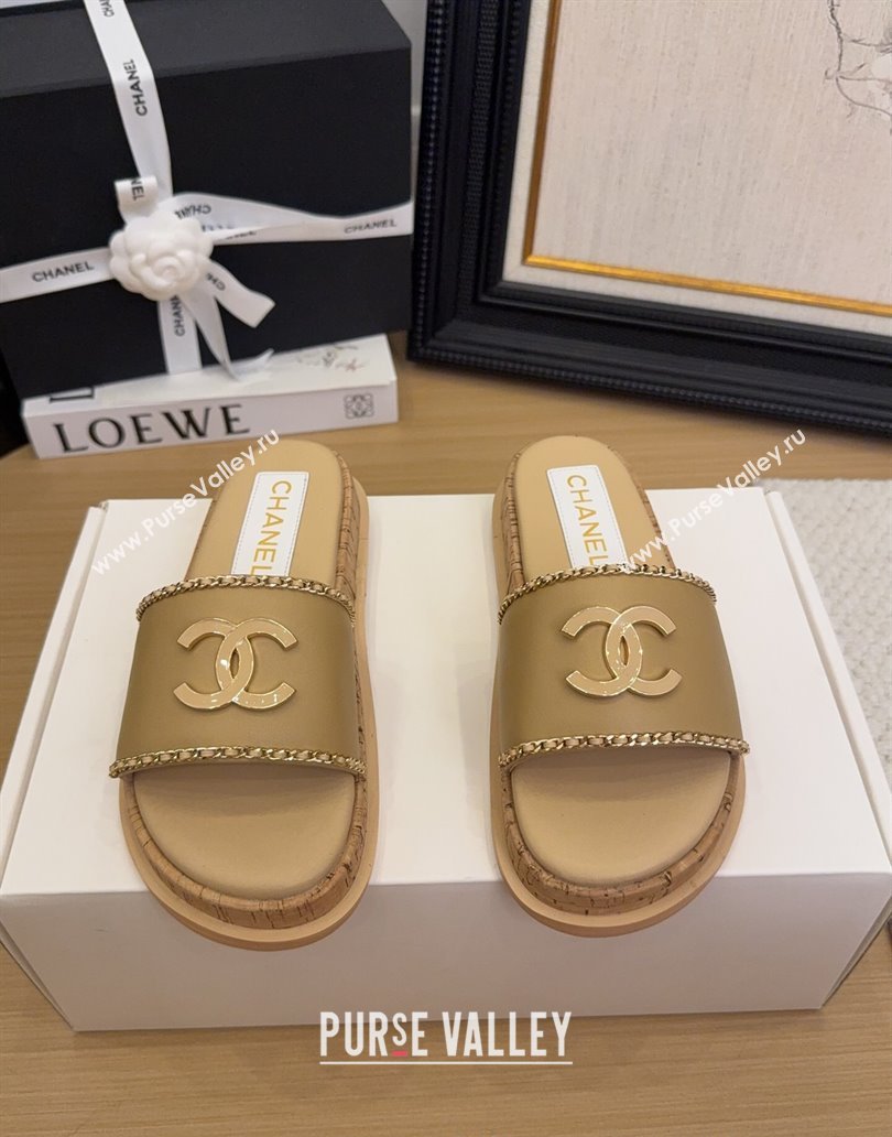 Chanel Leather Wood Flat Slides Sandal with Chain Beige 2025 CH041504 (MD-250415030)