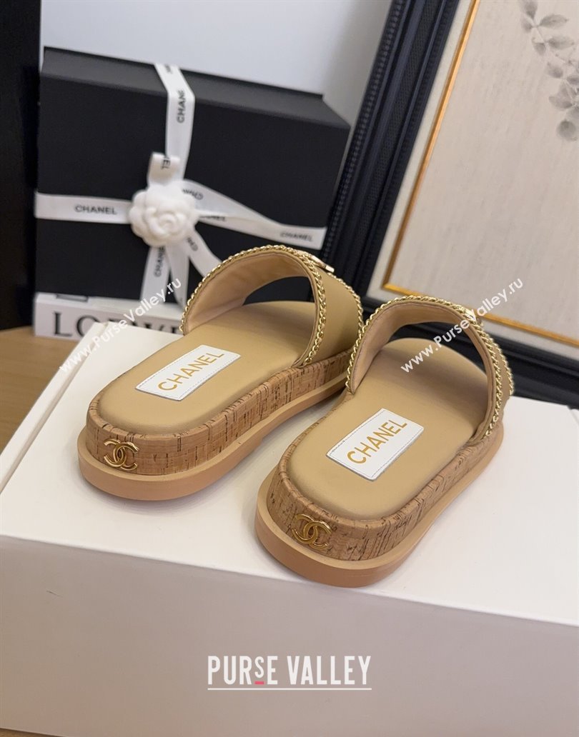 Chanel Leather Wood Flat Slides Sandal with Chain Beige 2025 CH041504 (MD-250415030)