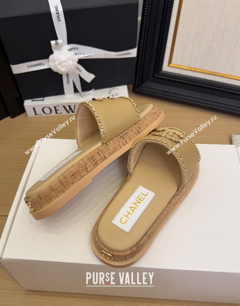 Chanel Leather Wood Flat Slides Sandal with Chain Beige 2025 CH041504 (MD-250415030)