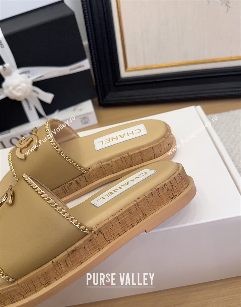 Chanel Leather Wood Flat Slides Sandal with Chain Beige 2025 CH041504 (MD-250415030)