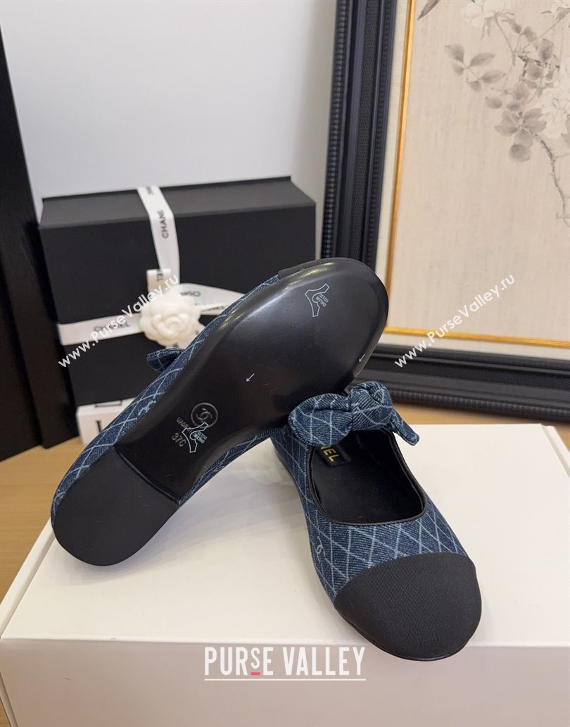Chanel Quilted Denim Mary Janes Ballet Flats with Knot Bow Dark Blue 2025 G46149 (MD-250415002)
