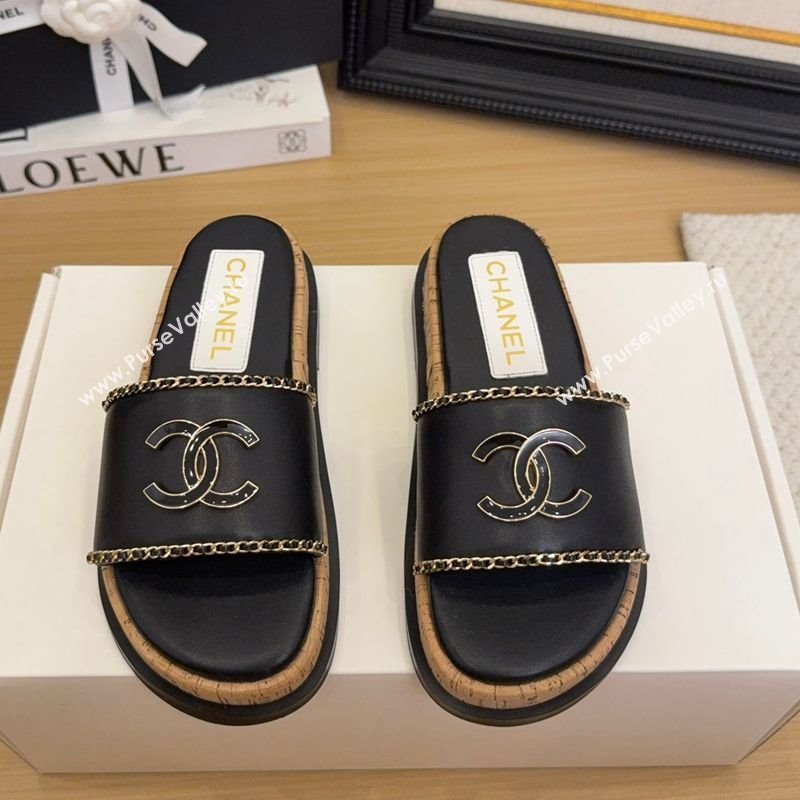 Chanel Leather Wood Flat Slides Sandal with Chain Black 2025 CH041504 (MD-250415031)