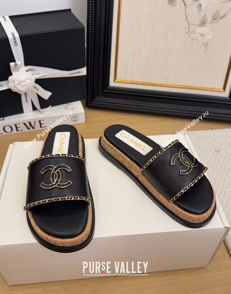 Chanel Leather Wood Flat Slides Sandal with Chain Black 2025 CH041504 (MD-250415031)