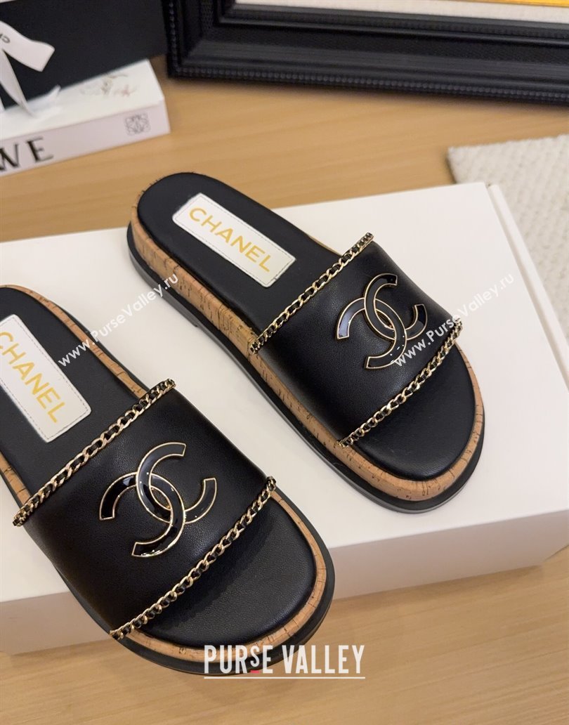 Chanel Leather Wood Flat Slides Sandal with Chain Black 2025 CH041504 (MD-250415031)