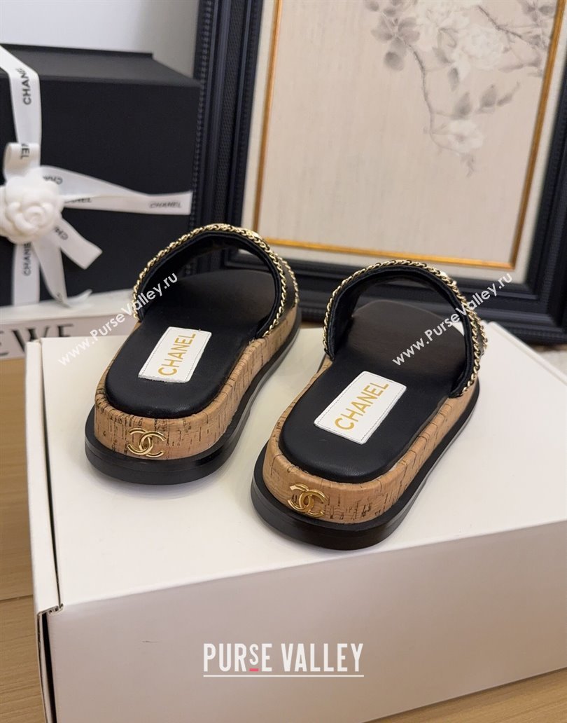Chanel Leather Wood Flat Slides Sandal with Chain Black 2025 CH041504 (MD-250415031)