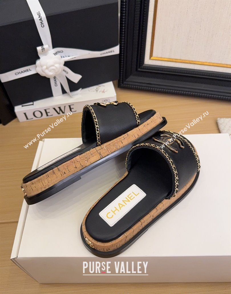 Chanel Leather Wood Flat Slides Sandal with Chain Black 2025 CH041504 (MD-250415031)