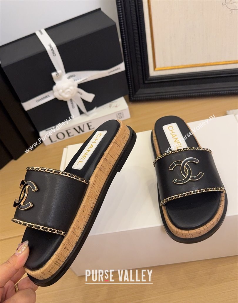 Chanel Leather Wood Flat Slides Sandal with Chain Black 2025 CH041504 (MD-250415031)