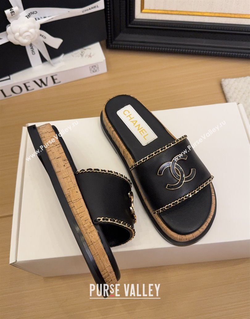 Chanel Leather Wood Flat Slides Sandal with Chain Black 2025 CH041504 (MD-250415031)