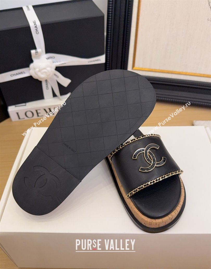 Chanel Leather Wood Flat Slides Sandal with Chain Black 2025 CH041504 (MD-250415031)