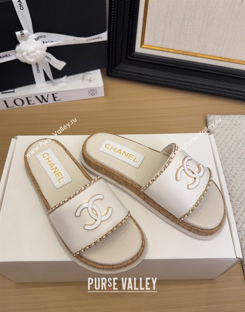 Chanel Leather Wood Flat Slides Sandal with Chain White 2025 CH041504 (MD-250415032)