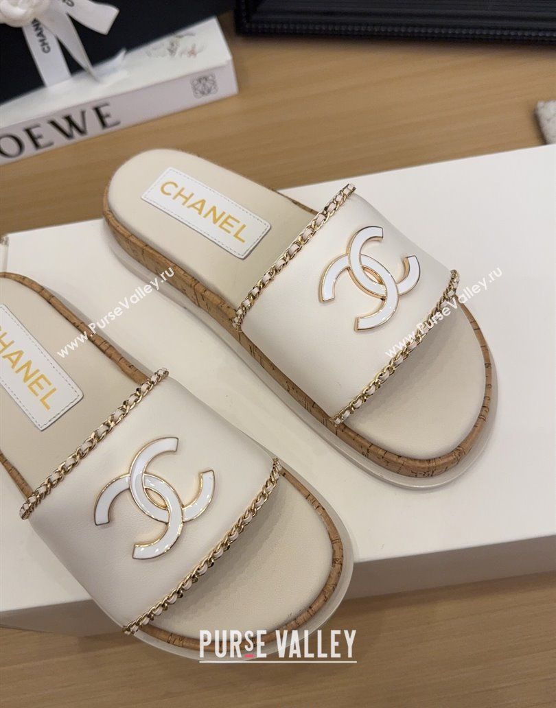 Chanel Leather Wood Flat Slides Sandal with Chain White 2025 CH041504 (MD-250415032)