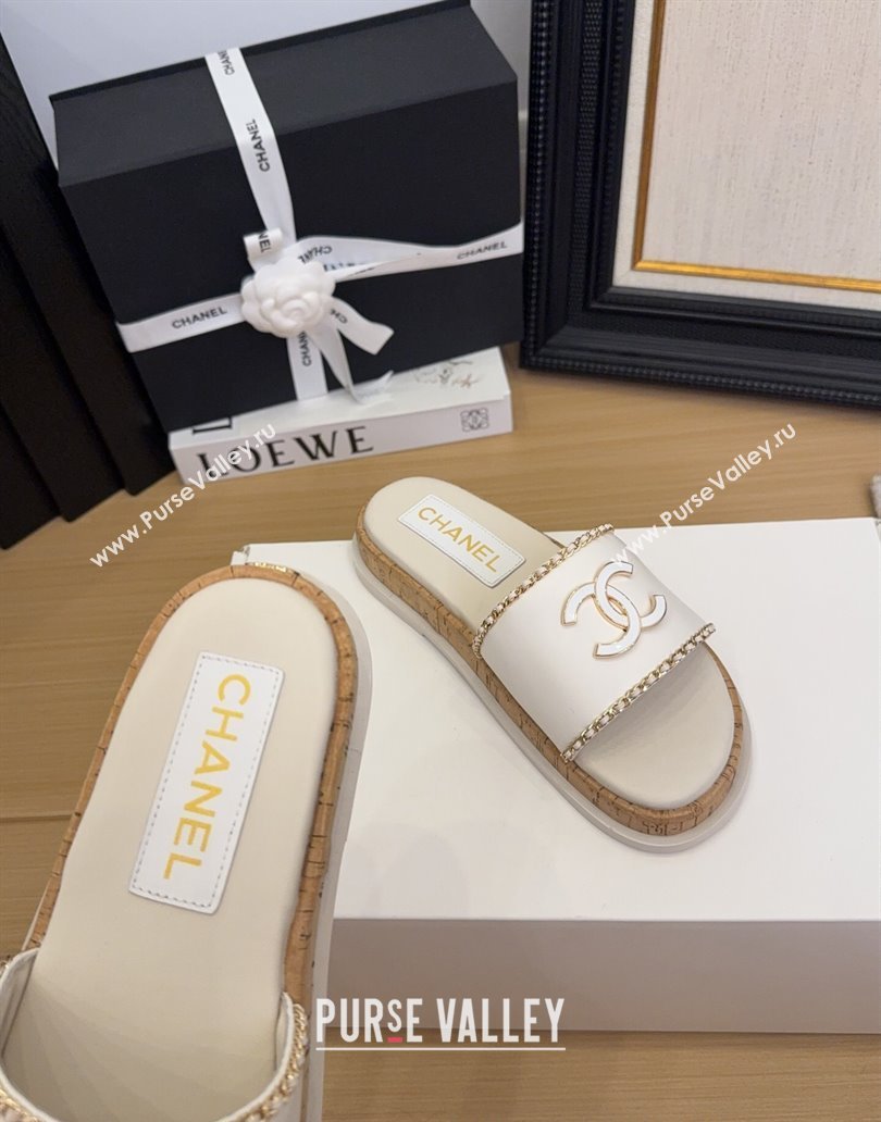 Chanel Leather Wood Flat Slides Sandal with Chain White 2025 CH041504 (MD-250415032)