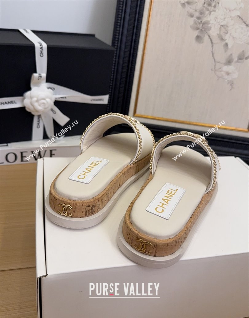 Chanel Leather Wood Flat Slides Sandal with Chain White 2025 CH041504 (MD-250415032)