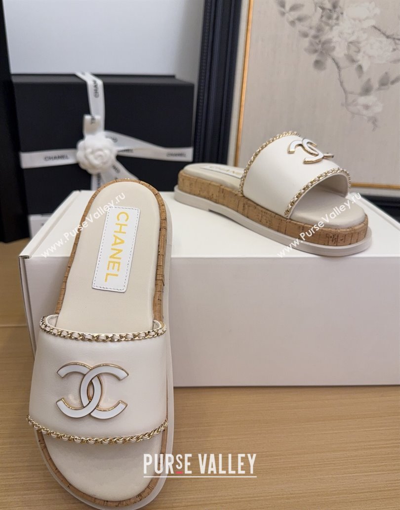 Chanel Leather Wood Flat Slides Sandal with Chain White 2025 CH041504 (MD-250415032)