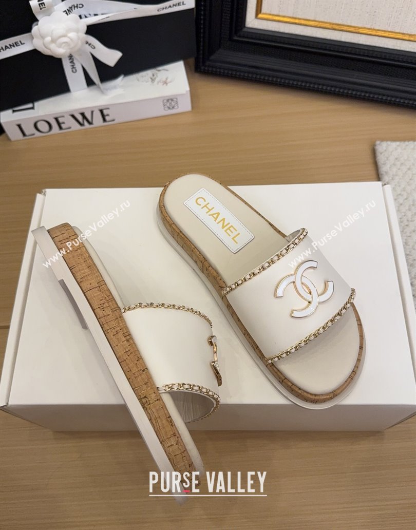 Chanel Leather Wood Flat Slides Sandal with Chain White 2025 CH041504 (MD-250415032)