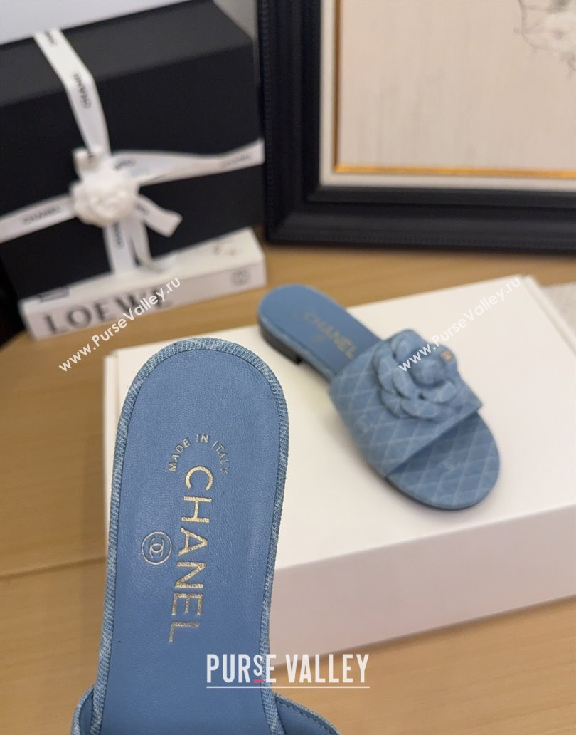 Chanel Quilted Denim Flat Slides Sandal with Camellia Light Blue 2025 CH041505 (MD-250415033)