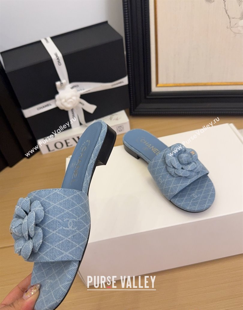 Chanel Quilted Denim Flat Slides Sandal with Camellia Light Blue 2025 CH041505 (MD-250415033)