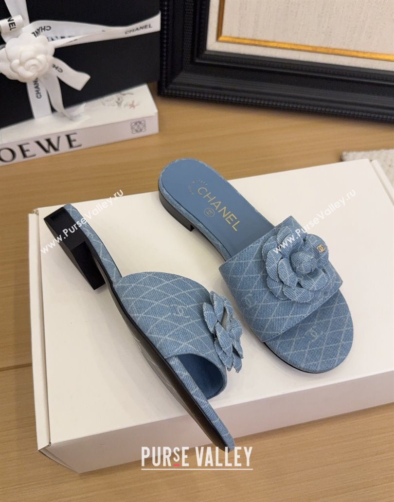 Chanel Quilted Denim Flat Slides Sandal with Camellia Light Blue 2025 CH041505 (MD-250415033)