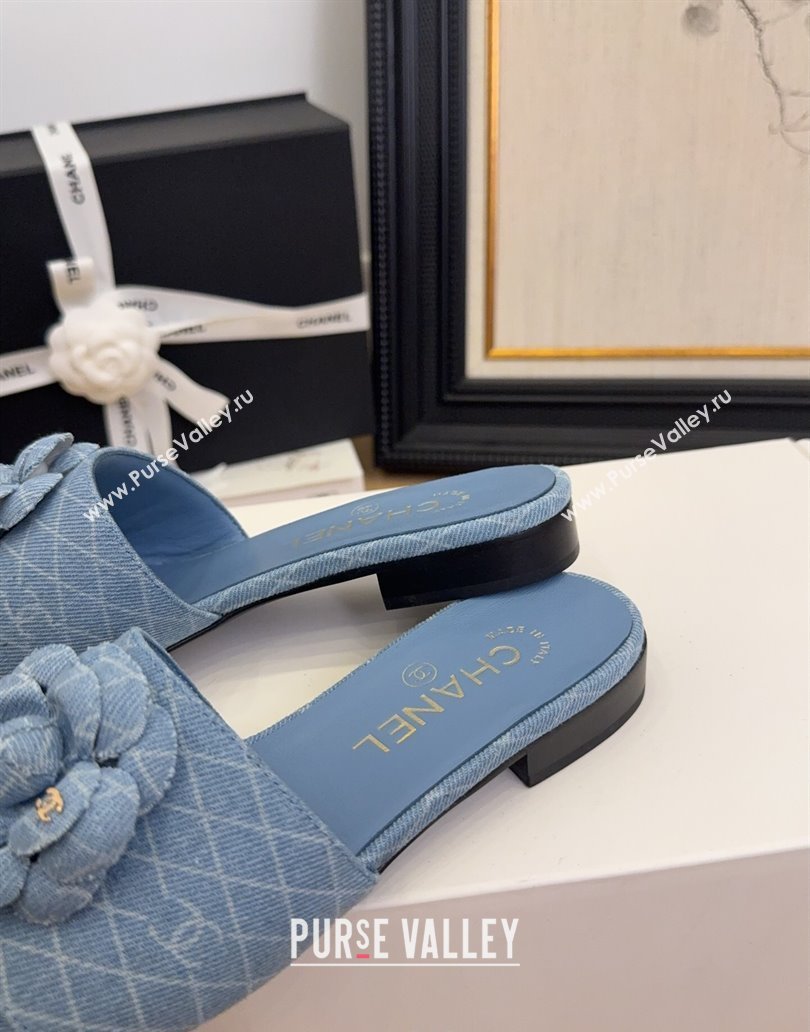 Chanel Quilted Denim Flat Slides Sandal with Camellia Light Blue 2025 CH041505 (MD-250415033)