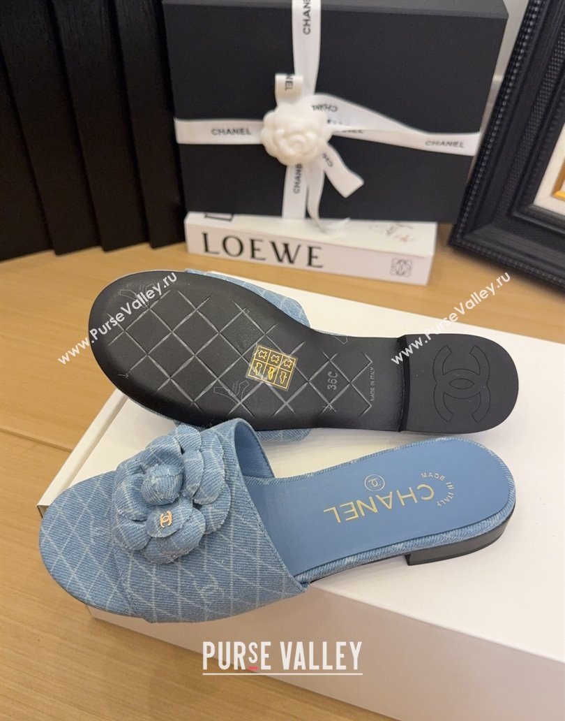 Chanel Quilted Denim Flat Slides Sandal with Camellia Light Blue 2025 CH041505 (MD-250415033)