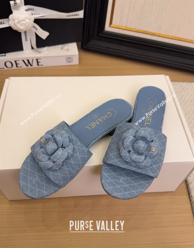 Chanel Quilted Denim Flat Slides Sandal with Camellia Light Blue 2025 CH041505 (MD-250415033)