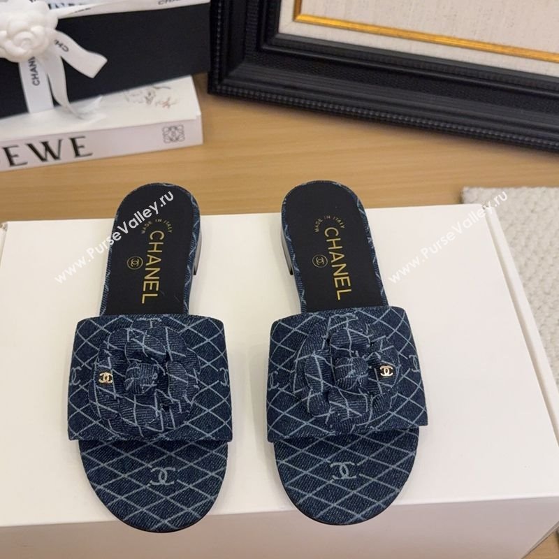 Chanel Quilted Denim Flat Slides Sandal with Camellia Dark Blue 2025 CH041505 (MD-250415034)