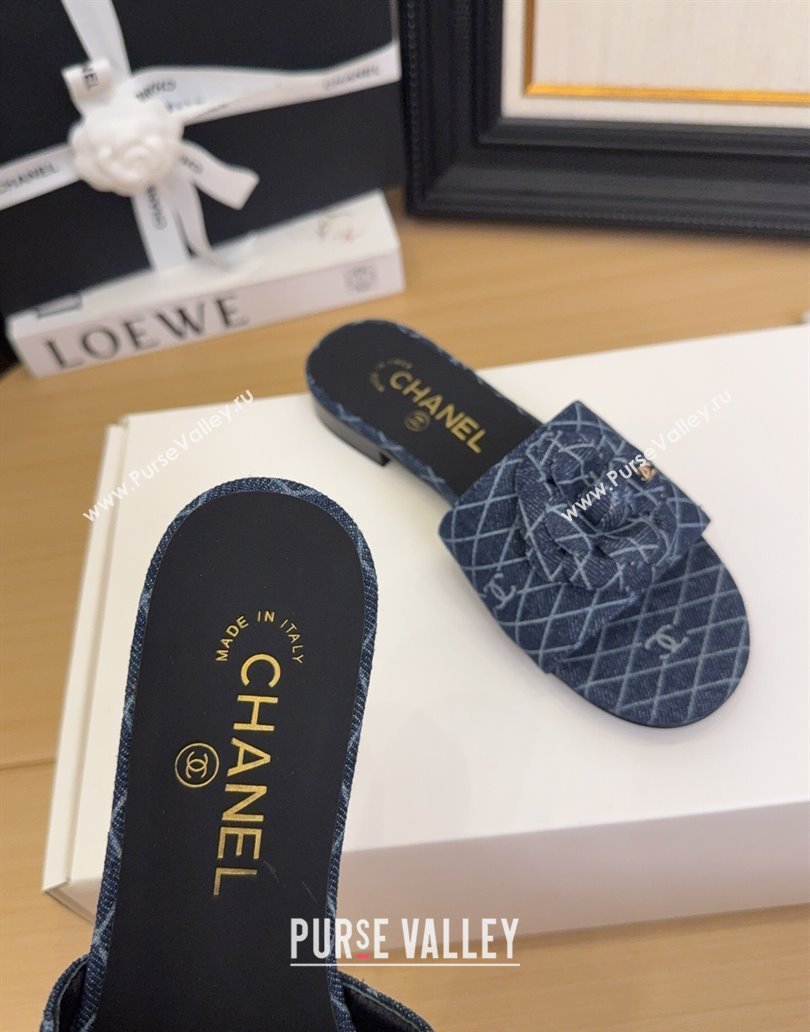 Chanel Quilted Denim Flat Slides Sandal with Camellia Dark Blue 2025 CH041505 (MD-250415034)