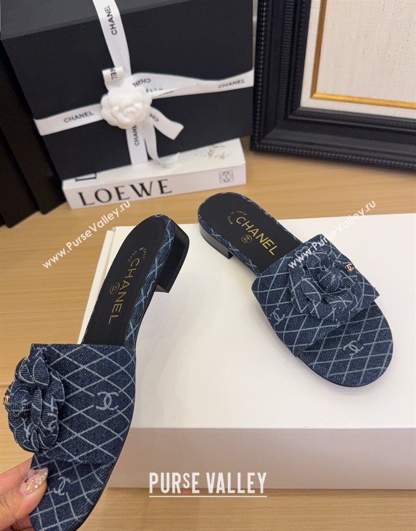 Chanel Quilted Denim Flat Slides Sandal with Camellia Dark Blue 2025 CH041505 (MD-250415034)