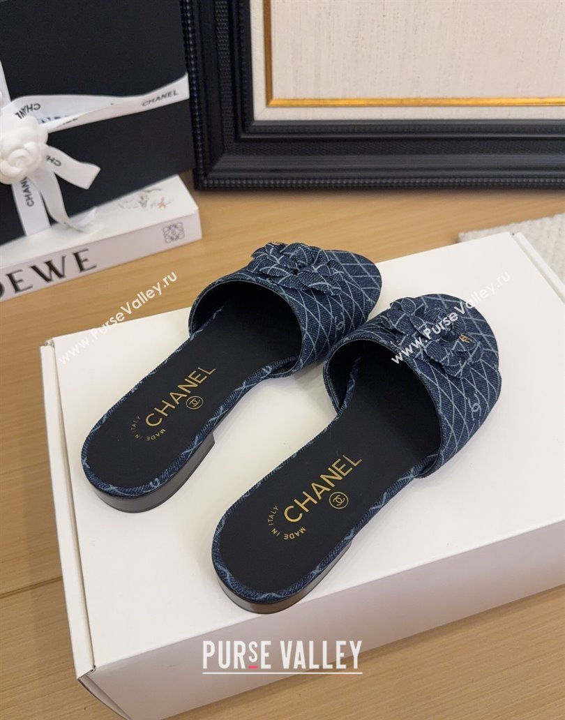 Chanel Quilted Denim Flat Slides Sandal with Camellia Dark Blue 2025 CH041505 (MD-250415034)