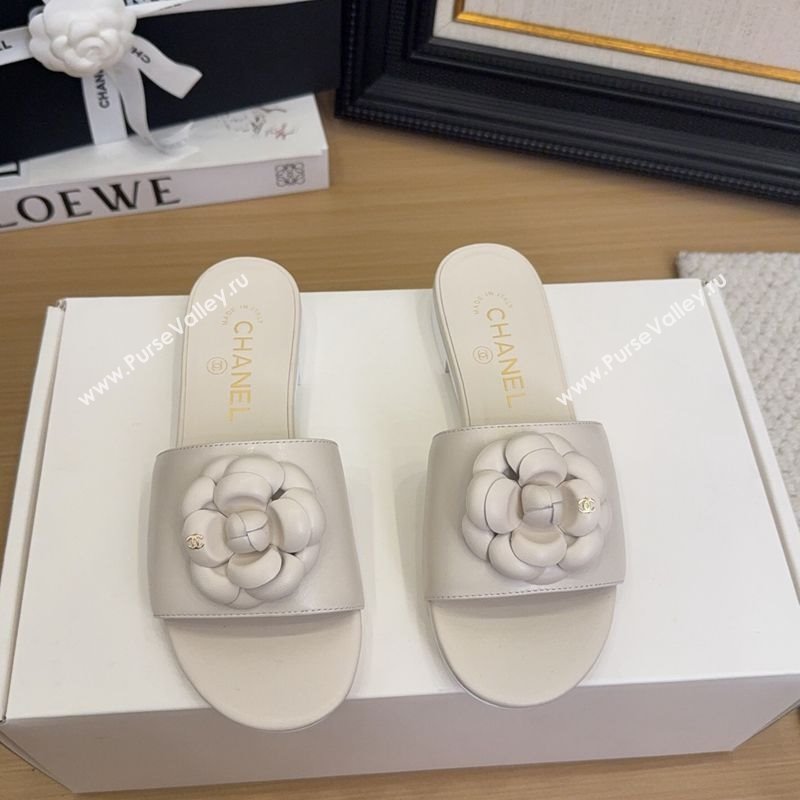 Chanel Lambskin Leather Flat Slides Sandal with Camellia White 2025 CH041505 (MD-250415035)