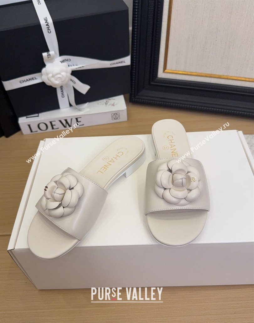 Chanel Lambskin Leather Flat Slides Sandal with Camellia White 2025 CH041505 (MD-250415035)