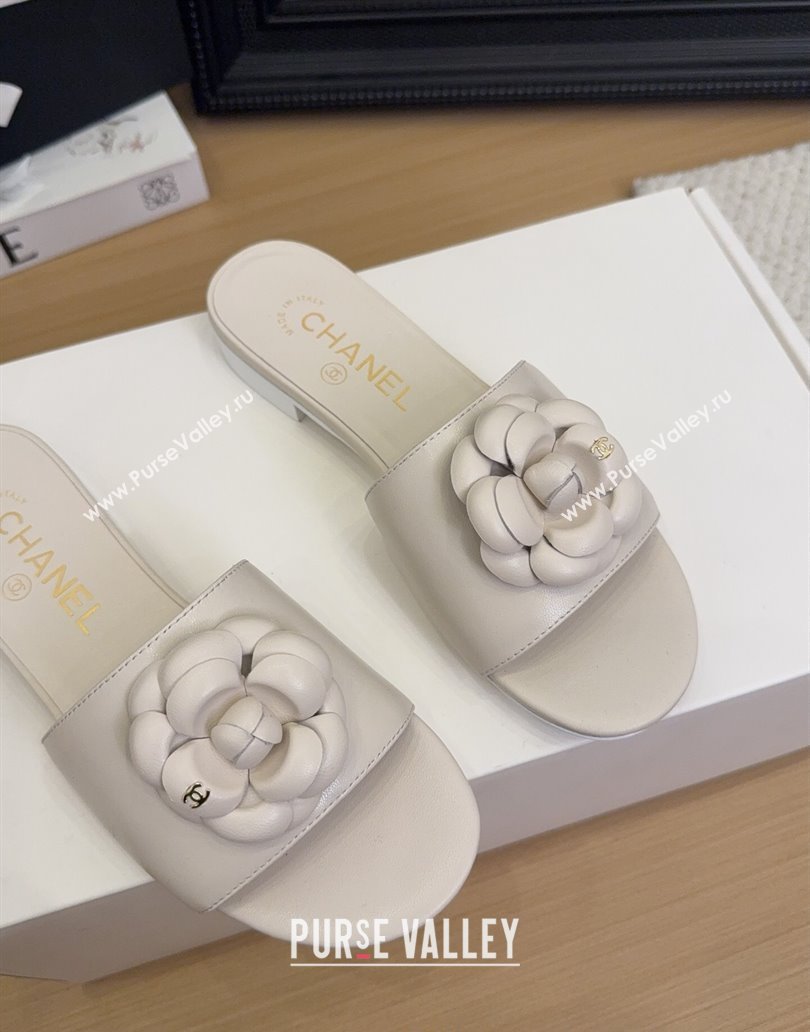 Chanel Lambskin Leather Flat Slides Sandal with Camellia White 2025 CH041505 (MD-250415035)