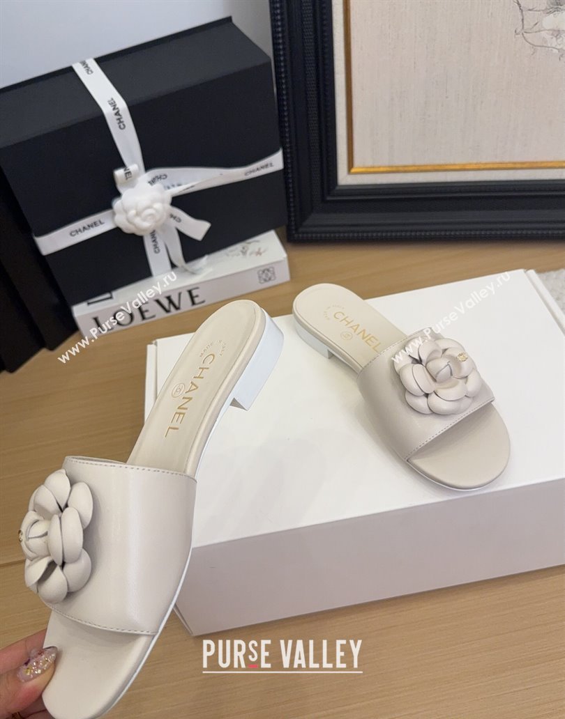 Chanel Lambskin Leather Flat Slides Sandal with Camellia White 2025 CH041505 (MD-250415035)