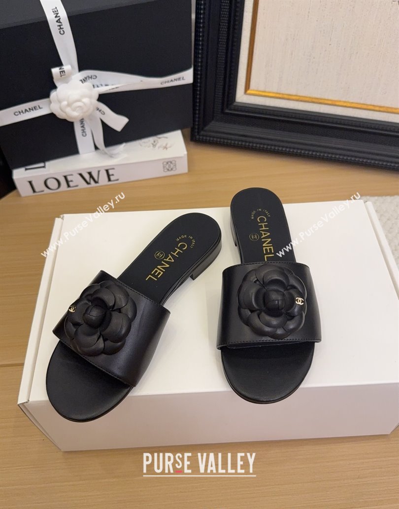 Chanel Lambskin Leather Flat Slides Sandal with Camellia Black 2025 CH041505 (MD-250415036)