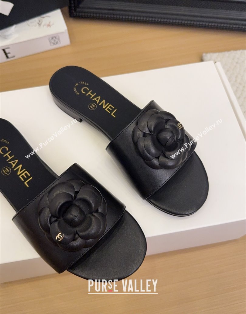 Chanel Lambskin Leather Flat Slides Sandal with Camellia Black 2025 CH041505 (MD-250415036)