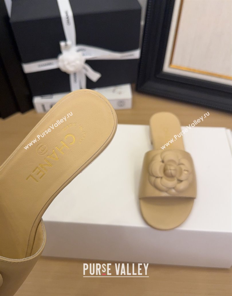 Chanel Lambskin Leather Flat Slides Sandal with Camellia Beige 2025 CH041505 (MD-250415037)