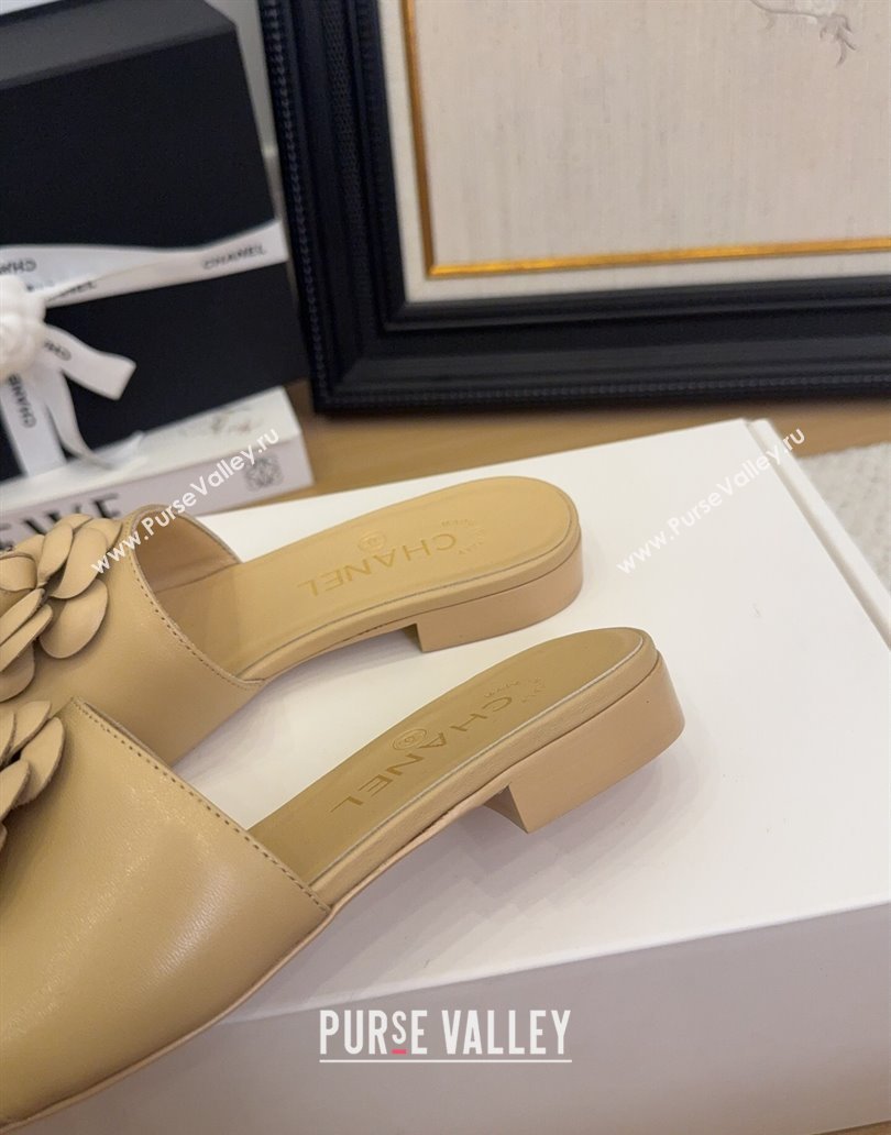 Chanel Lambskin Leather Flat Slides Sandal with Camellia Beige 2025 CH041505 (MD-250415037)
